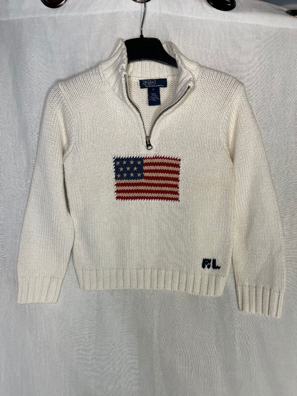 The Iconic Flag Ralph Lauren Cream Knit Half-Zip Sweater with American Flag